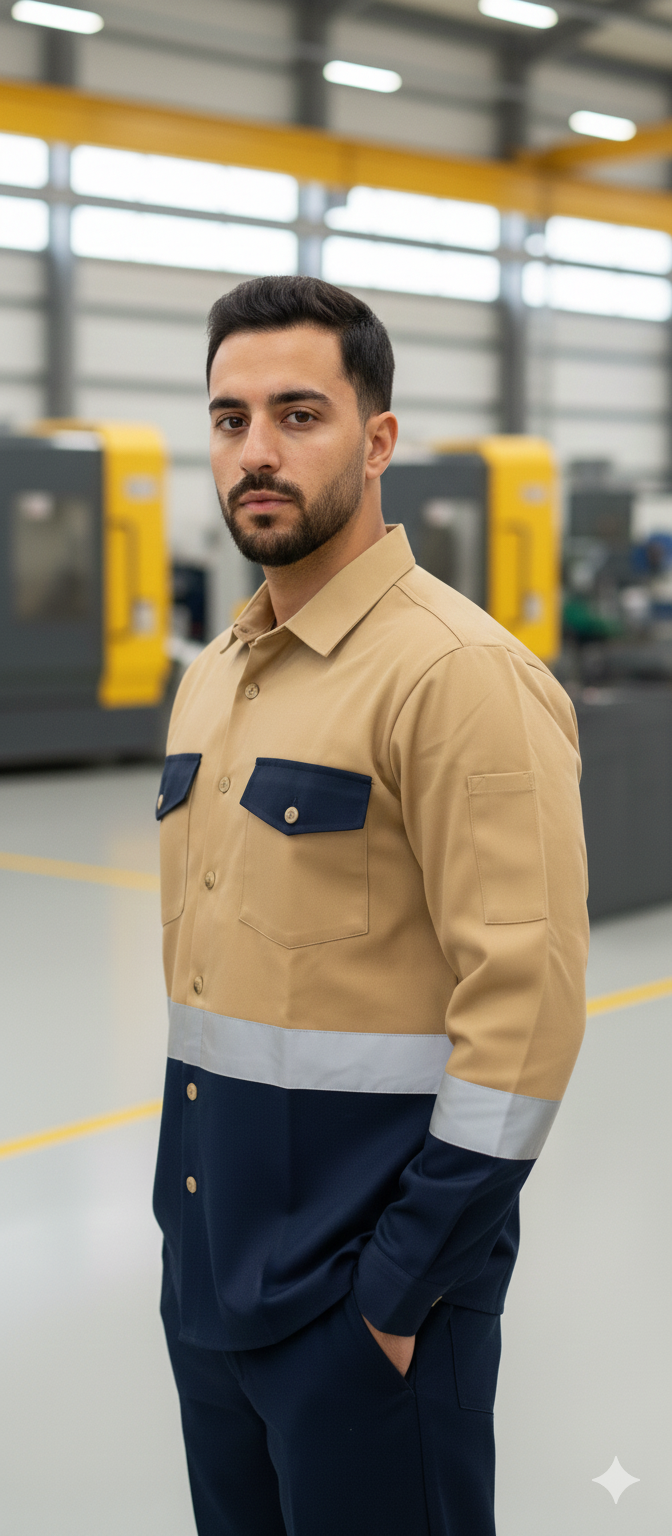 تصميم يونيفورم مخصص لعمال المصانع مع شرائط عاكسه | لورد يونيفورم