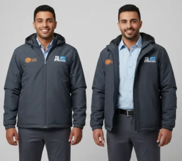 رجلان يقفان جنباً إلى جنب، يرتديان سترات رمادية داكنة متشابهة عليها شعارات USPS، وقمصاناً بياقة زرقاء فاتحة وسروالاً رمادياً، ويبتسمان للكاميرا على خلفية فاتحة عادية 