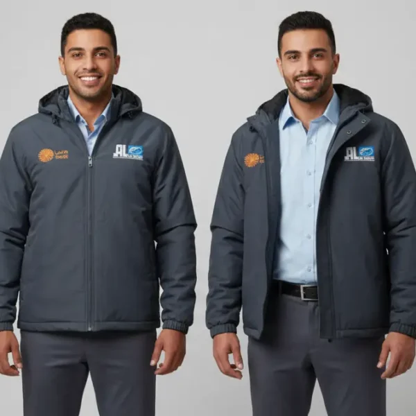 رجلان يقفان جنباً إلى جنب، يرتديان سترات رمادية داكنة متشابهة عليها شعارات USPS، وقمصاناً بياقة زرقاء فاتحة وسروالاً رمادياً، ويبتسمان للكاميرا على خلفية فاتحة عادية 