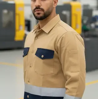 رجل بشعر داكن قصير ولحية يقف في منشأة صناعية حديثة، يرتدي زي عمل باللونين البني والكحلي مع خطوط عاكسة على الأكمام  تُظهر الخلفية آلات صناعية ونوافذ كبيرة 