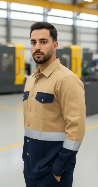 رجل بشعر داكن قصير ولحية يقف في منشأة صناعية حديثة، يرتدي زي عمل باللونين البني والكحلي مع خطوط عاكسة على الأكمام  تُظهر الخلفية آلات صناعية ونوافذ كبيرة 