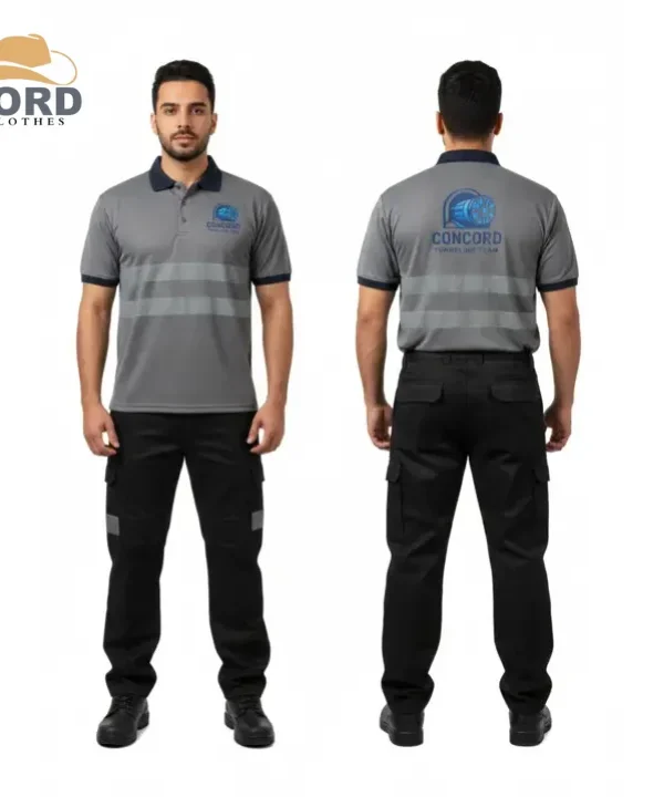 اشكال يونيفورم عمال متنوعه | تيشيرت بولو مع شرائط عاكسه وبنطلون متعدد الجيوب لورد يونيفورم