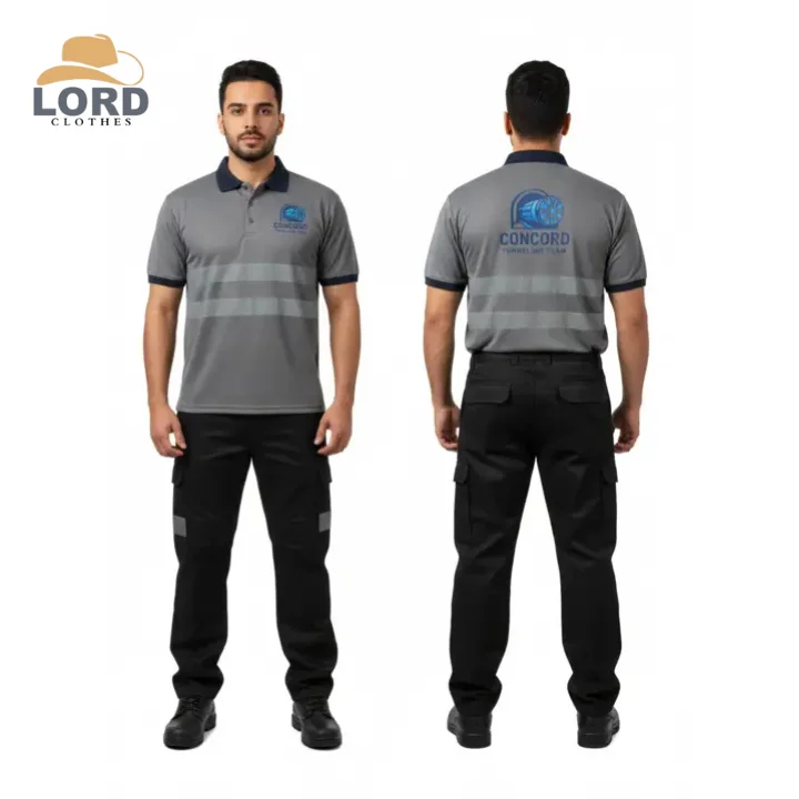 اشكال يونيفورم عمال متنوعه | تيشيرت بولو مع شرائط عاكسه وبنطلون متعدد الجيوب لورد يونيفورم